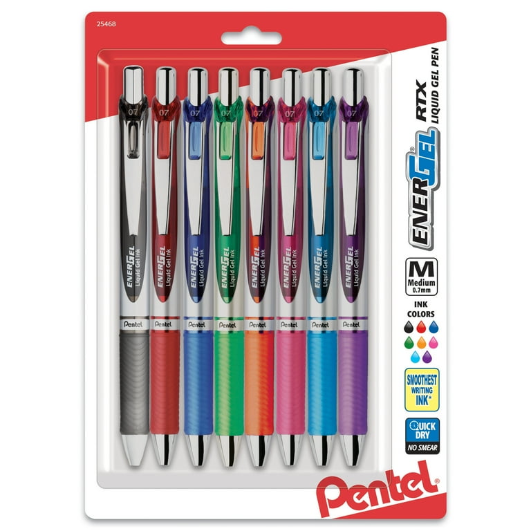 Pentel EnerGel RTX Retractable Liquid Gel Pen Medium Line Metal Tip Assorted Ink 8 Pack BL77BP8M