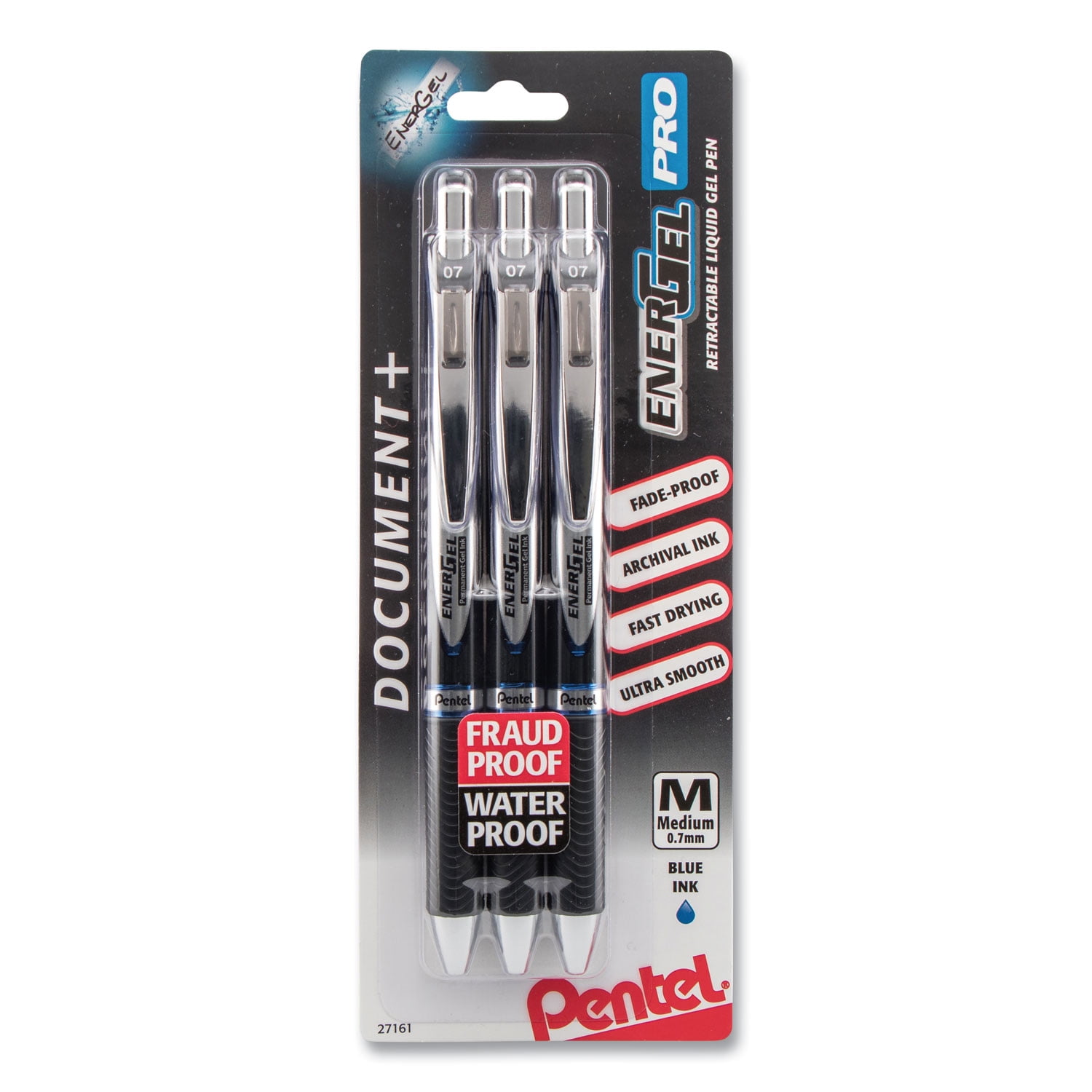 EnerGel PRO Hybrid Gel Pen, Retractable, Medium 0.7 mm, Black Ink, Black Barrel, 3/Pack