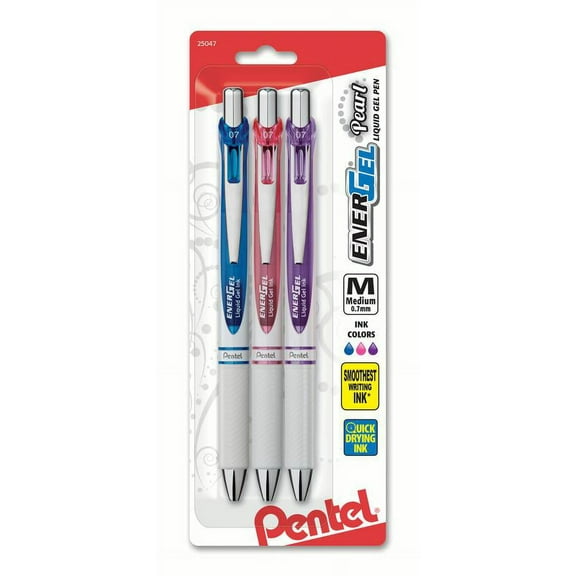 EnerGel Pearl Retractable Liquid Gel Pen, (0.7mm) Metal Tip, Medium Line, Assorted Ink, 3-Pk