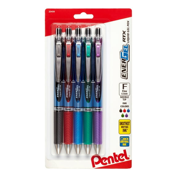 EnerGel RTX Retractable Liquid Gel Pen (0.5mm) Needle Tip, Fine Line, Assorted Ink (A/B/C/D/V) 5-Pk