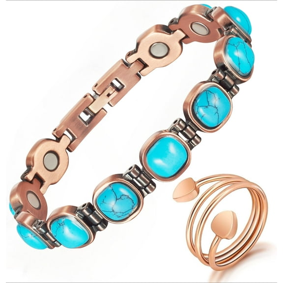 Wollet Turquoise Copper Magnetic Bracelet for Women, Copper Jewelry Rings Set