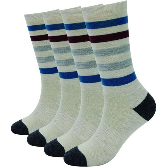 EnerWear 4 Pack Women's Merino Wool Outdoor Hiking Trail Crew Sock (US Shoe Size 4-10, Khaki Stripe)