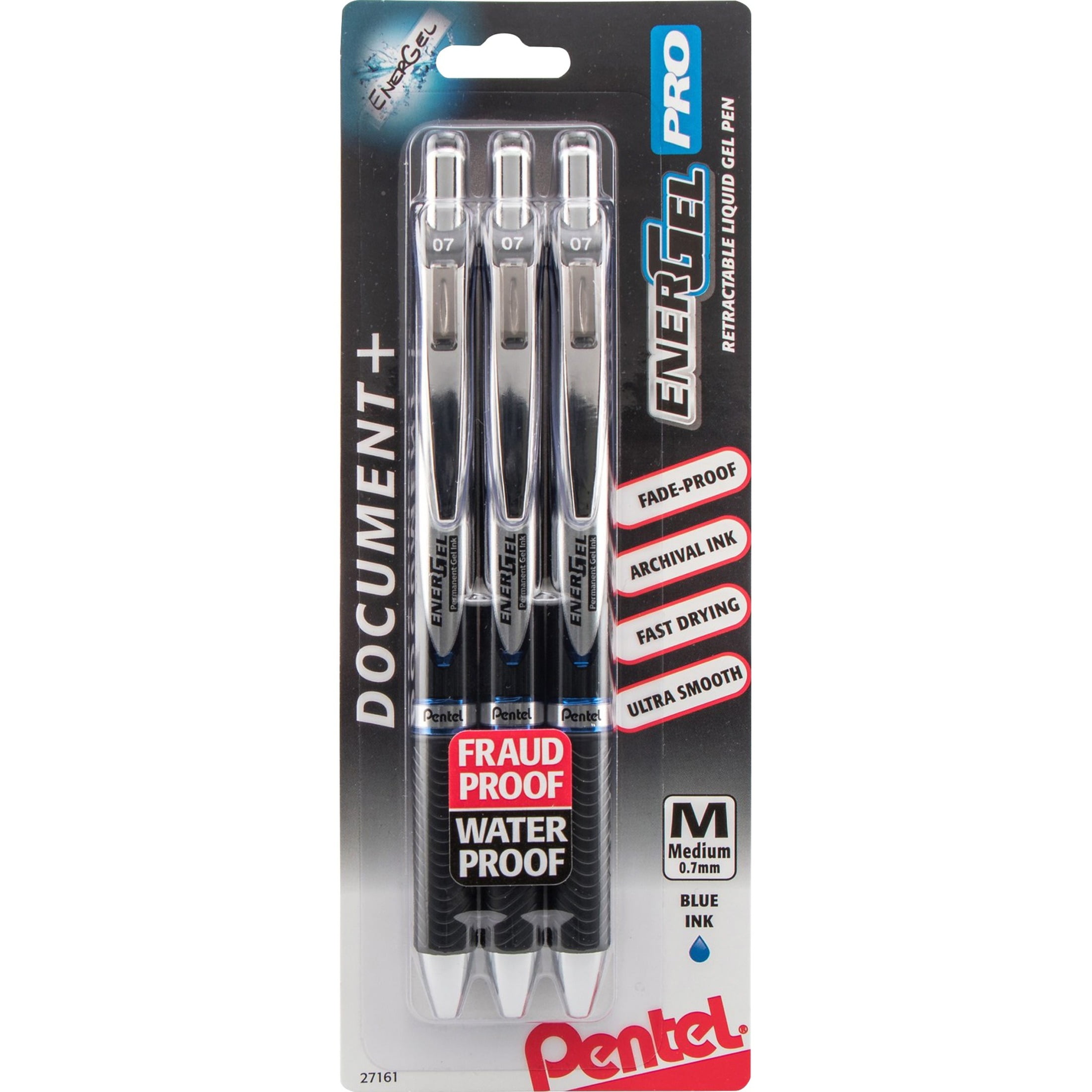 "Energel Pro Gel Pen, Retractable, Medium 0.7 Mm, Blue Ink, Black Barrel, 3/pack | Bundle of 5 Packs"