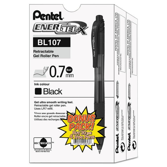 Pentel EnerGel-X Retractable Roller Gel Pen .7mm Black Barrel Black Ink 24/Pack BL107ASW2