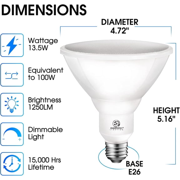Energetic 100W Outdoor Par38 Led Flood Light, 1250lm, 5000K Daylight, Dimmable, E26 Base, Waterproof Spot Bulb,  Listed (12 Pack)