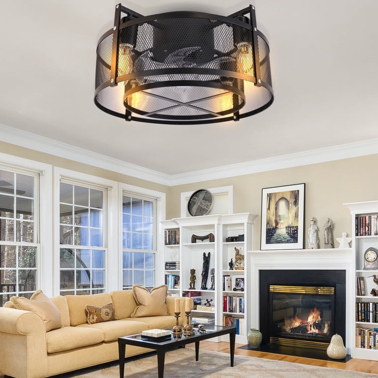 TFCFL Modern Industrial Ceiling Fan With Light & Remote - Round Metal Chandelier Fan For Living Room, Kitchen, Outdoor