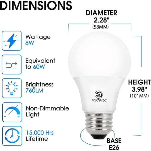 Energetic 24 Pack LED Light Bulbs, 60 Watt Equivalent A19 LED Bulb, Soft White 2700K, Non-Dimmable, E26 Base, ETL/UL Listed, 15000 Hrs, Standard Light Bulbs