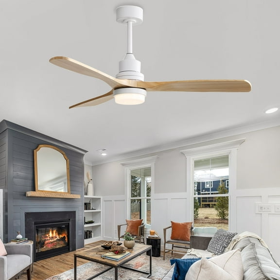 Energetic 52" Modern LED Ceiling Fan with Light, Remote Control, Reverse Airflow 6 speed silent motor, 3 Wood Blades, White