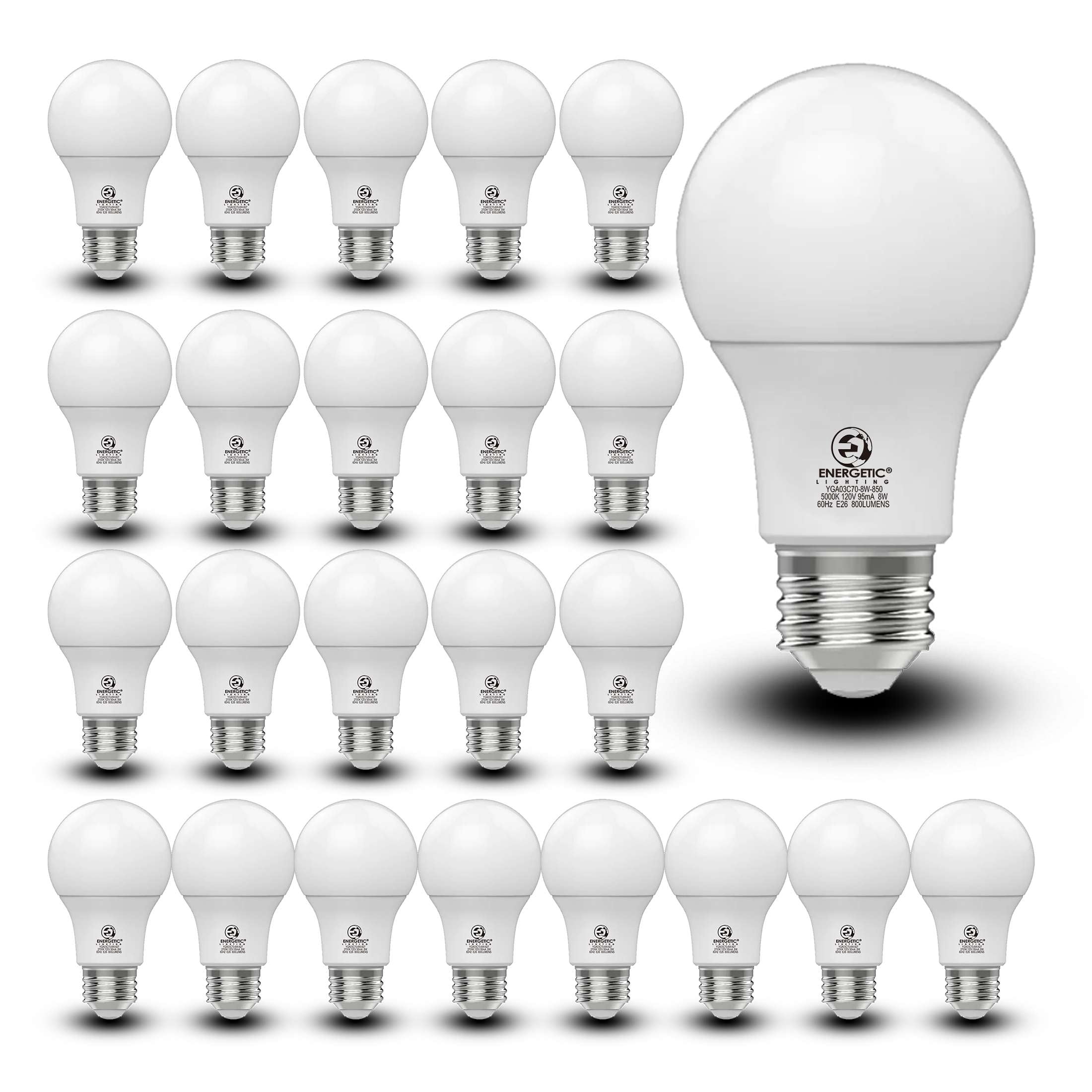 Energetic 9-Year A19 LED Light Bulb, 8W (60W Equivalent), Non-Dimmable, Daylight E26 Base, 24 Pack