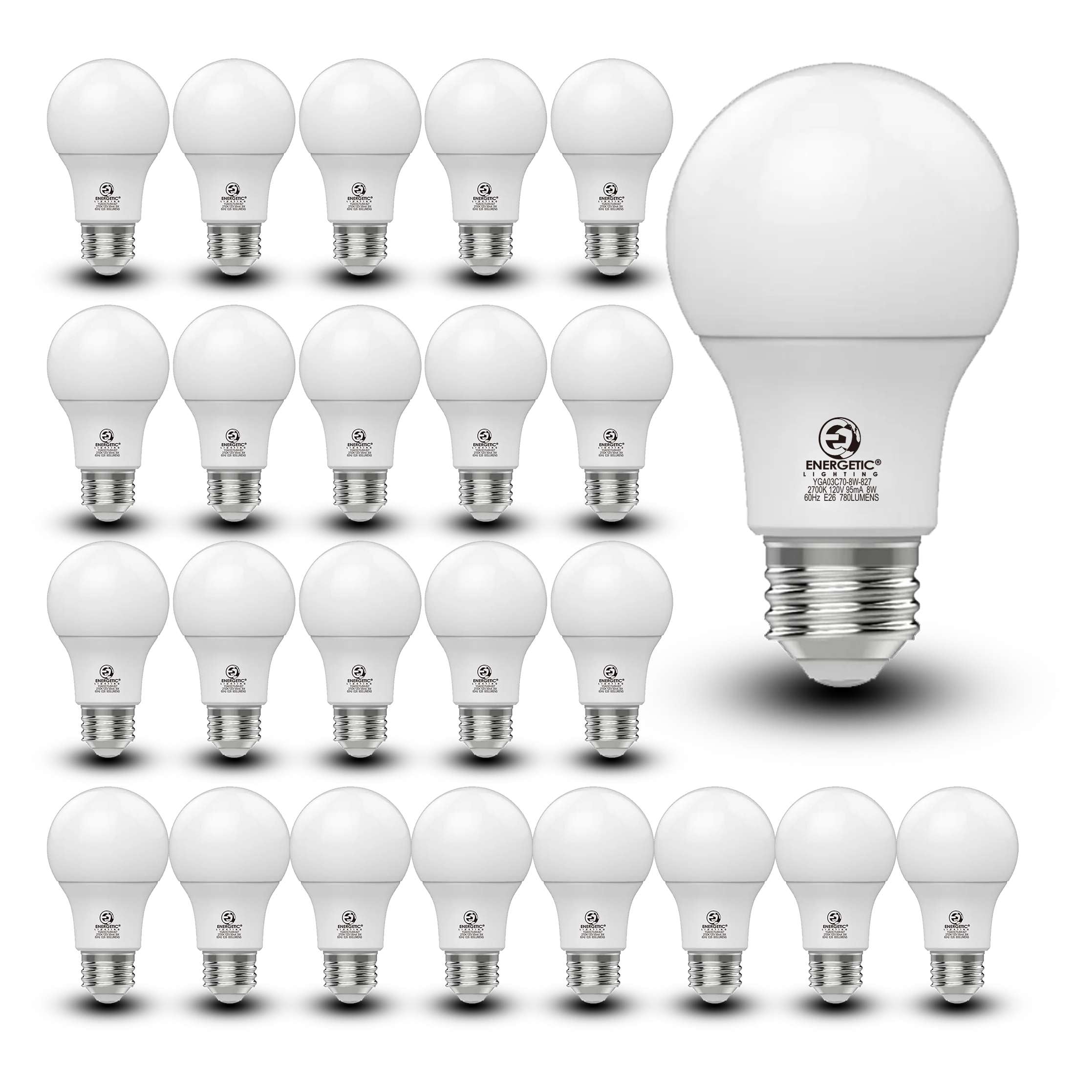 Energetic 9-Year A19 LED Light Bulbs, 8W Soft White 2700K, Non-Dimmable, E26 Base, 24-Pack