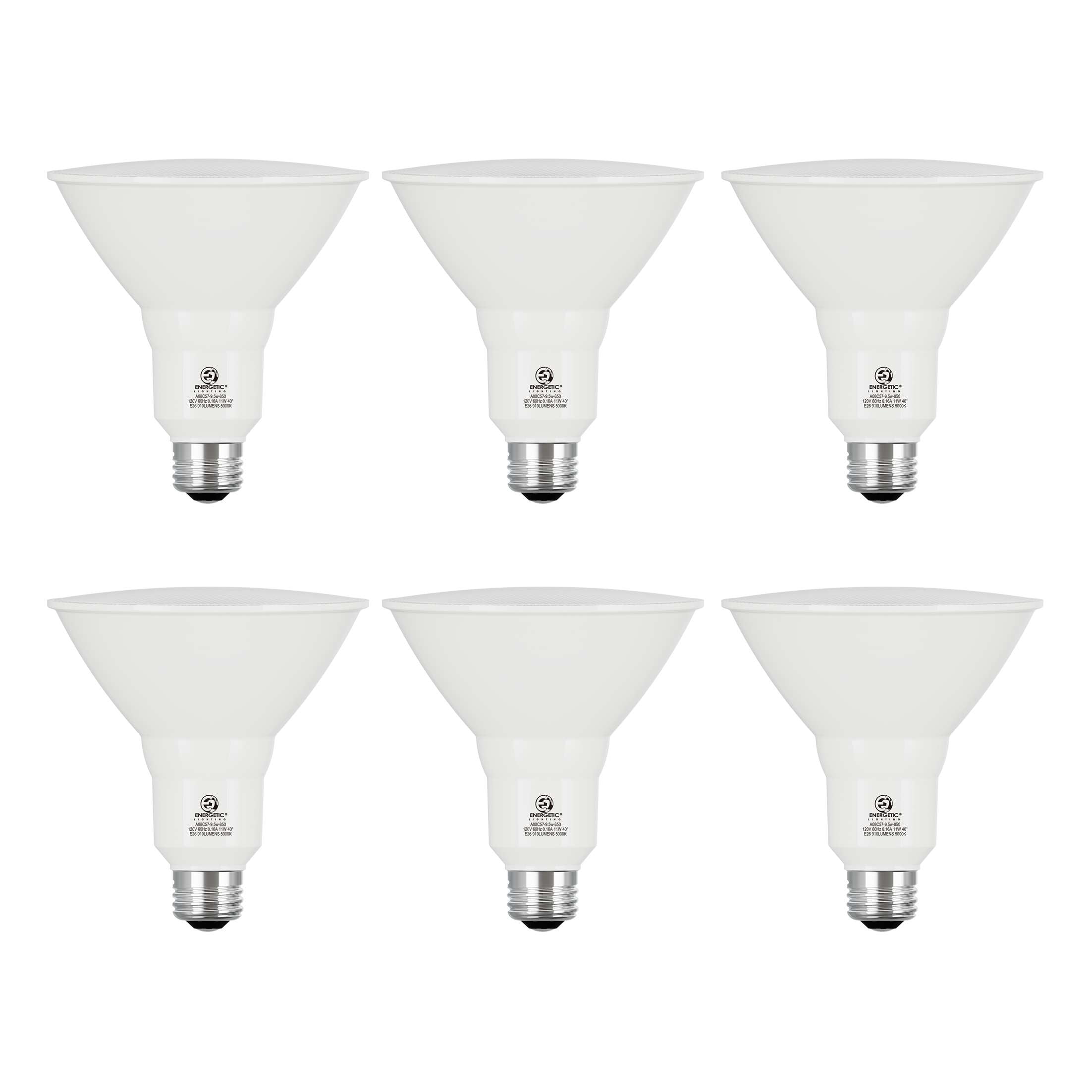 Energetic 9.5W Non-Dimmable PAR38 LED Floodlight Bulb, 90W Equivalent, Daylight, E26 Base, 6 Pack