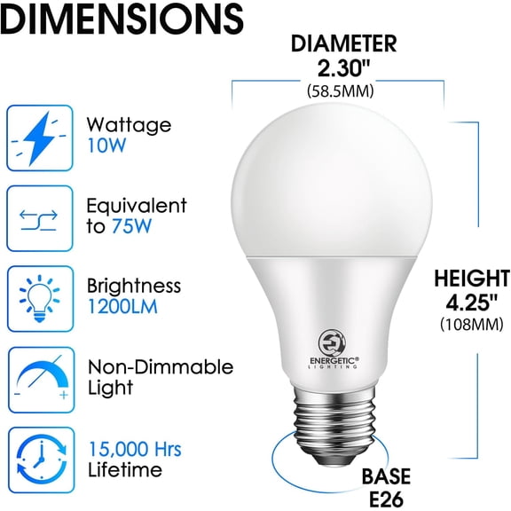 Energetic A19 Super Bright 75 Watt Equivalent Light Bulbs, 10W 1200LM, Cool White 4000K, Non-Dimmable A19 LED Bulb, E26 Standard Base, UL Listed, 4 Pack