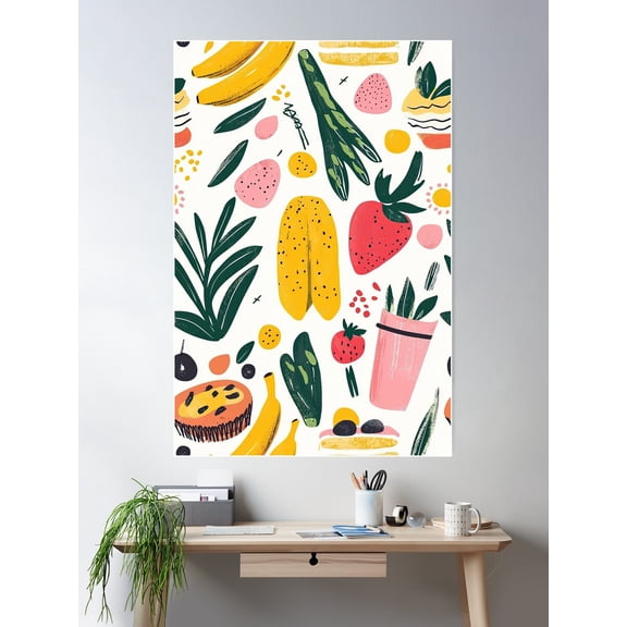 Energetic And Fun Food Doodle Pattern Poster Wall Art, Modern Wall Decor For Living Room Bedroom, 8x12 UNFRAMED