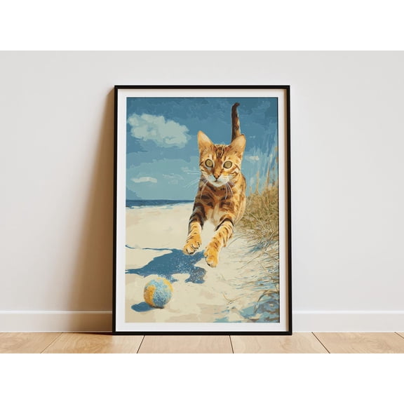 Energetic Bengal Cat Beach Art Dynamic Feline Chasing Ball on Sandy Shore Coastal Wall Decor Animal Lover Vibrant Pet, Stretched Canvas