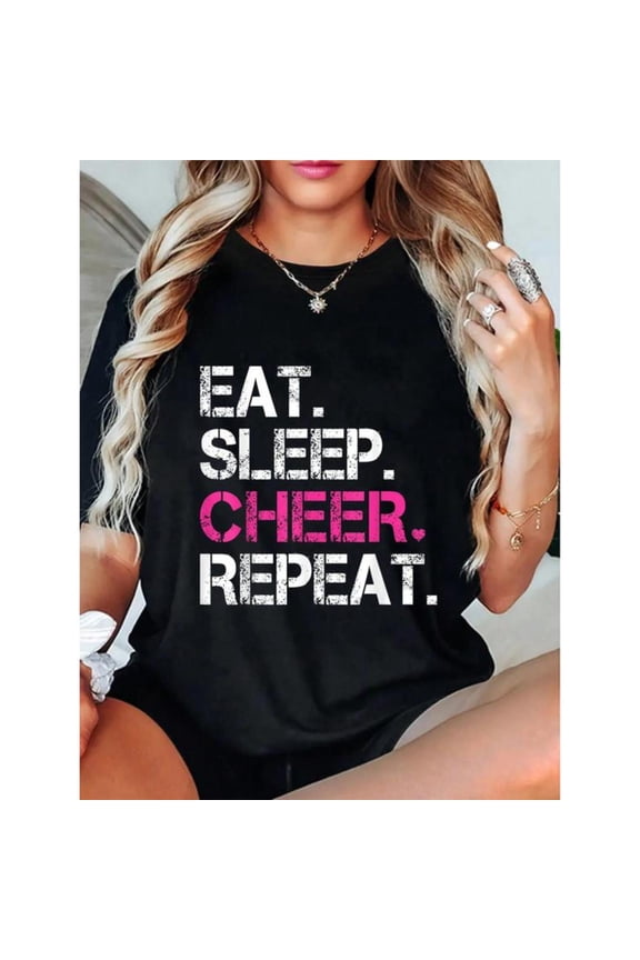 Energetic Cheerleading Graphic Tee, Tops Has Centered "EAT. SLEEP. CHEER. REPEAT." Text Design, Round Neck Regular Fit T - shirts, Size(S - 5XL)