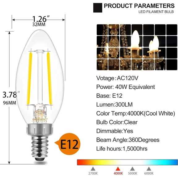 Energetic E12 B10 LED Classic Candelabra Clear Light Bulb, 40 Watt Equivalent, Cool White 4000K, Filament Clear Glass, Non-Dimmable, UL Listed Pack of 6