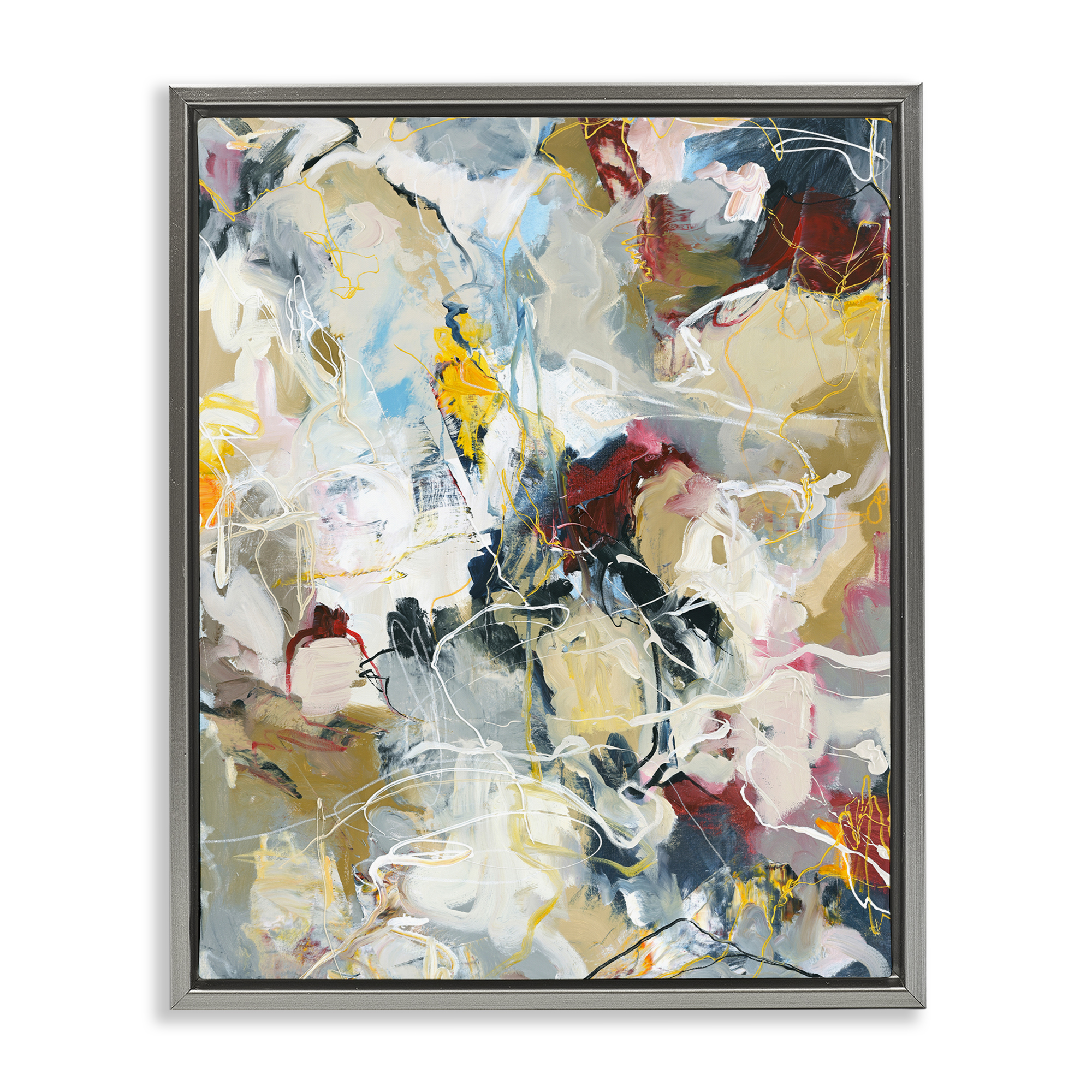 Energetic Frequency Abstract Gray Framed Floater Canvas Wall Art, design by Design Fabrikken