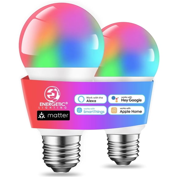 Energetic Matter WiFi Smart Light Bulb, A19 RGB LED Color Changing,8.5W (60W EQ),2700K-6500K Tunable and Dimmable,APP&Voice Control,Work with Alexa,Google Home,Apple Home,SmartThings,E26,800LM,2 Pack