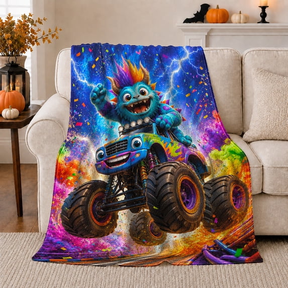 Energetic Monster Truck Adventure Scene Blue Fur Monster, Playful Fantasy Scene, Warm Flannel Blanket for Home Library and Reading Nook, Celestial Art Lovers Housewarming Gift, Fantasy Home Decor