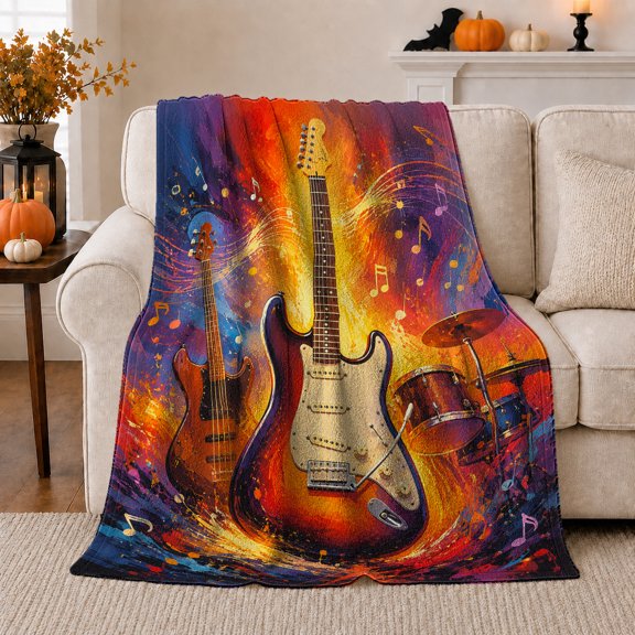 Energetic Rock Guitar Drum Scene Pumpkins, Cozy Friendship Quote Scene, Warm Flannel Blanket for Living Room and Reading Nook, Art Lovers Friendship Gift, Artistic Home Decor