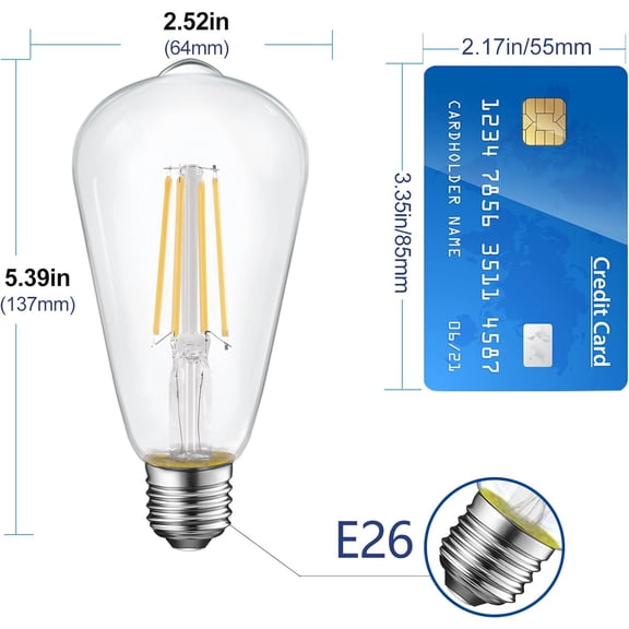 Energetic ST19 Vintage LED Edison Bulbs, 60 Watt Equivalent, ST64 LED Filament Bulbs, CRI 95+, Daylight 5000K, Non-Dimmable, E26 Standard Base, UL Listed, 4 Pack