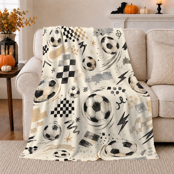 Energetic Soccer Balls Motion Lines Playful Art, Playful Artistic Scene, Warm Flannel Blanket for Home Library and Reading Nook, Art Lovers Thanksgiving Gift, Artistic Home Decor