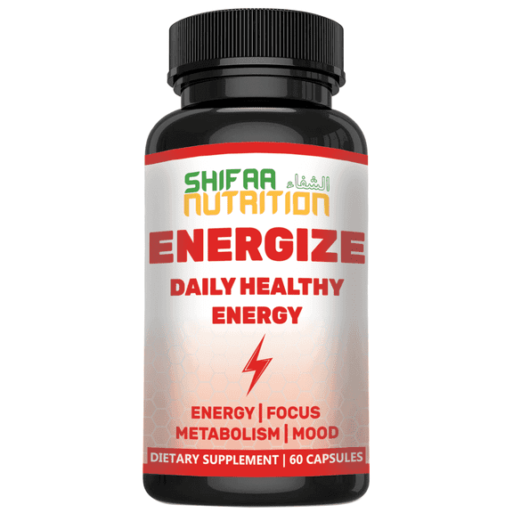 Shifaa Nutrition Energize Halal Vitamins  Natural Energy & Focus Support with B Vitamins, Caffeine & Taurine  60 Servings, Jitter-Free