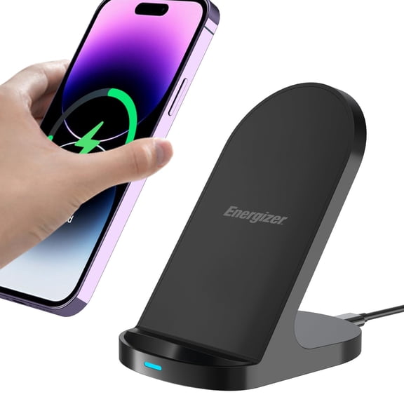 Energizer 15W Max Wireless Charging Stand | Dual-Coil Fast Charger for Desk | 7.5W for iPhone 15/14/13/12 & 15W for Samsung/Qi Android Devices | Case-Friendly_WCP108