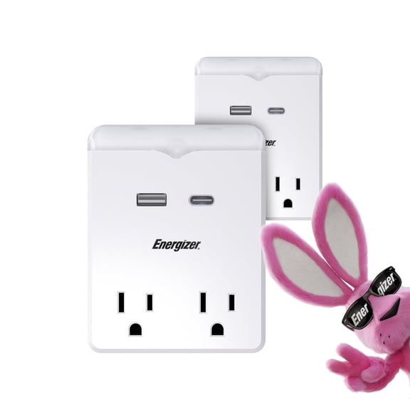Energizer 2-pack Multi Plug Wall Extender with Night Light, 2 AC Outlets, USB-C and USB-A Ports, 2.4A Output, Grounded Adapter