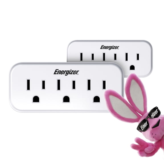 Energizer 2-Pack 3-Device Wall Outlet Extender – 3 AC Outlets, Grounded Power Strip Adapter for Home or Office