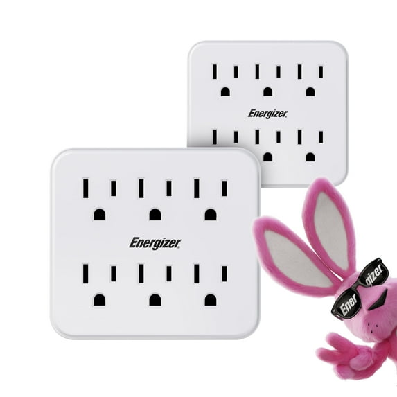 Energizer 2 Packs of 6 Device Multi Plug Wall Outlet Extender (6) AC Power Outlets Grounded Power Strip Expander Outlet Splitter Plug In Adapter