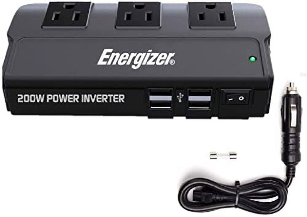 Energizer 200 Watt Power Inverter Modified Sine Wave Car Inverter 12V to 110V  DC to AC Converter with Car Cigarette Lighter Plug, Four 2.1A USB Ports   Three Standard North American AC