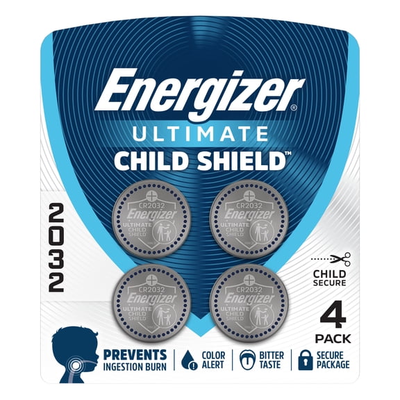 Energizer Ultimate Child Shield CR2032 Batteries (4 Pack), 3V Lithium Coin Batteries, Compatible with Apple AirTag and Tile Pro Devices, Key Fobs, Watches and More
