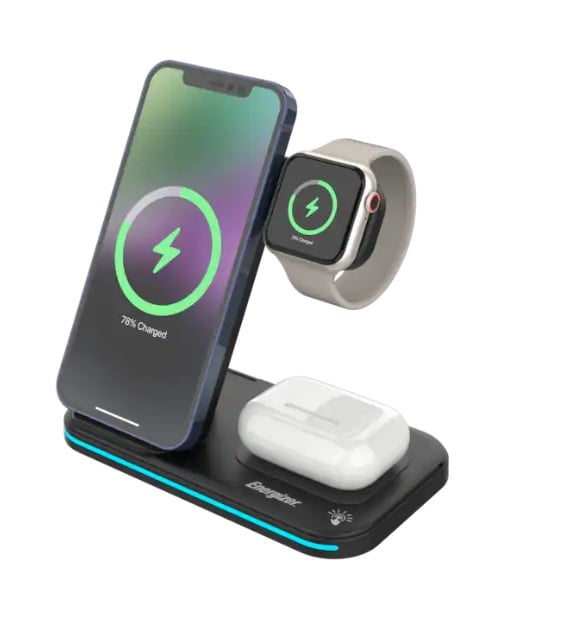 Energizer 3 in 1 15W Foldable Qi Certified Wireless Charging Station for Phone Earbuds and Apple Watch Black
