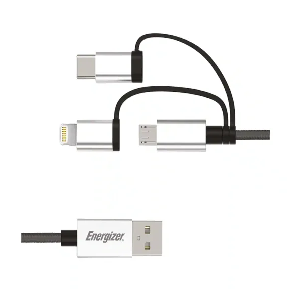 Energizer 3-in-1 Braided USB Cable 6ft Durable Cord with Lightning, Micro USB & Type-C Connectors