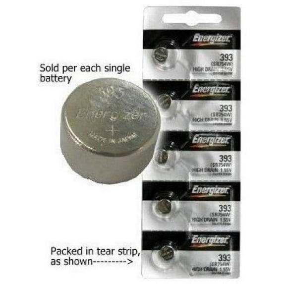 Energizer 393 (309, SR754W, SR754SW) High Drain Silver Oxide Watch Battery. On Tear Strip