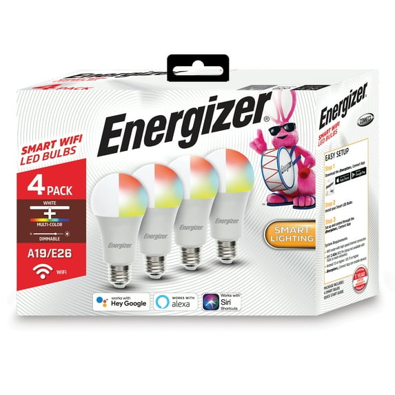 Energizer 4-Pack Smart Wi-Fi Multi-Color and Single White LED Light Bulb, A19 Shape, E26 Base