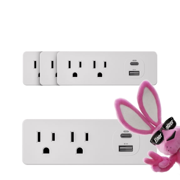 Energizer 4-pack Multi Plug Wall Extender, 2 AC Outlets, 20W USB-C PD and 18W USB-A Ports, Grounded Adapter