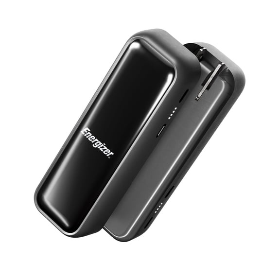 Energizer 5,000mAh USB-C Power Bank with Built-In Wall Plug and Charging Cable, Silver/Black
