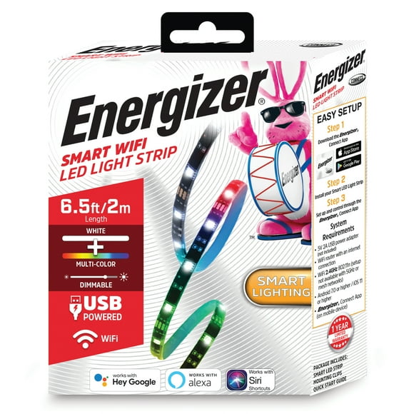 Energizer Connect EIS2-1000-RGB Smart Wi-Fi Dimmable Bright White and Multicolor LED Light Strip, 6.56 Feet