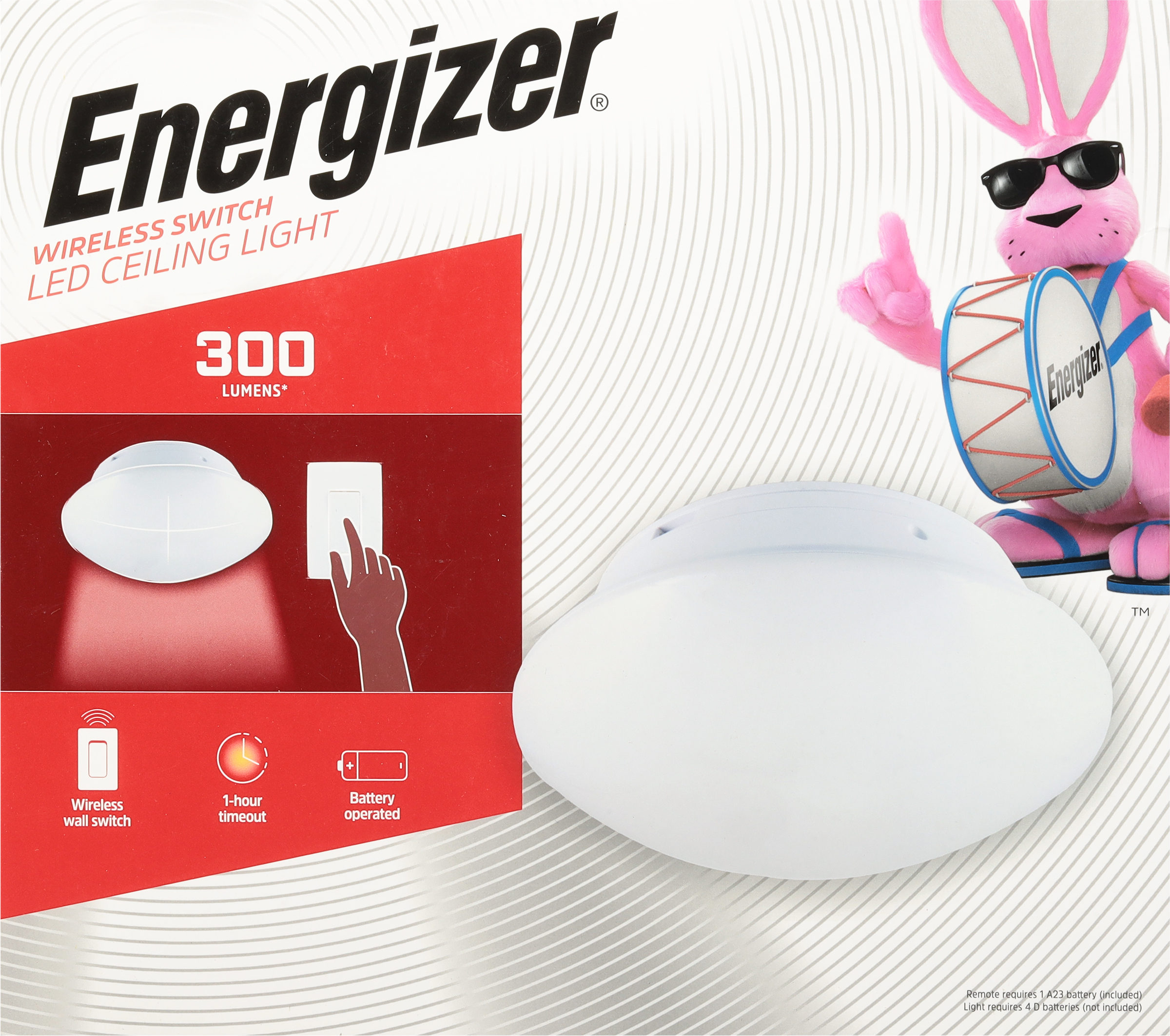 Energizer Battery Operated LED Ceiling Fixture, with RF Remote, 300lm, 5pc Tray