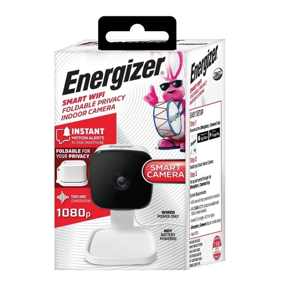 Energizer Connect Foldable 1080P HD Indoor White Security Camera, Motion Alerts, Corded Electric