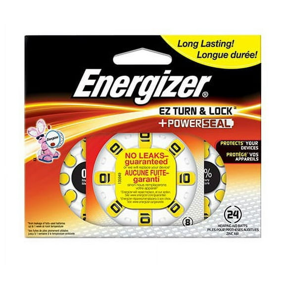 Energizer EZ Turn & Lock + Power Seal Zinc Air Hearing Aid Batteries, 1.4V, Mercury-free, Size 10, Pack of 24