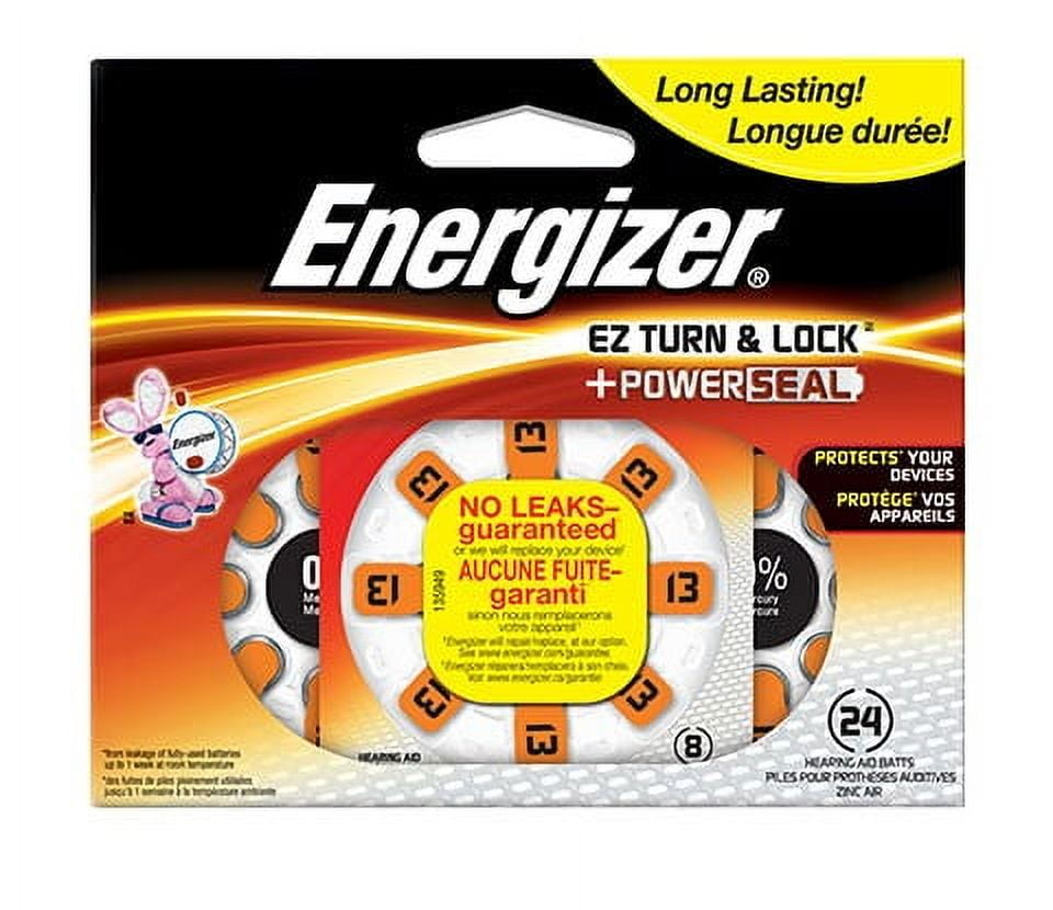 Energizer EZ Turn & Lock + Power Seal Zinc Air Hearing Aid Batteries, 1.4V, Mercury-free, Size 13, Pack of 24