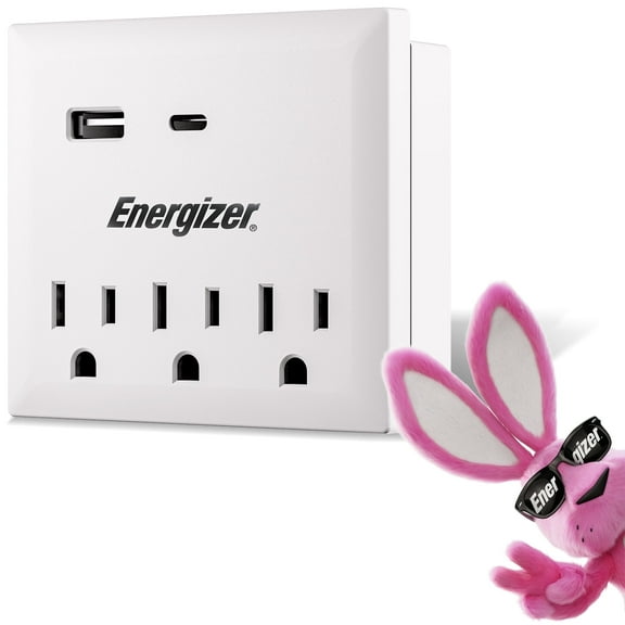 Energizer Grounded Wall Tap for Home and Office, 3 AC Outlets, USB-C & USB-A Ports, ETL Certified with Holder