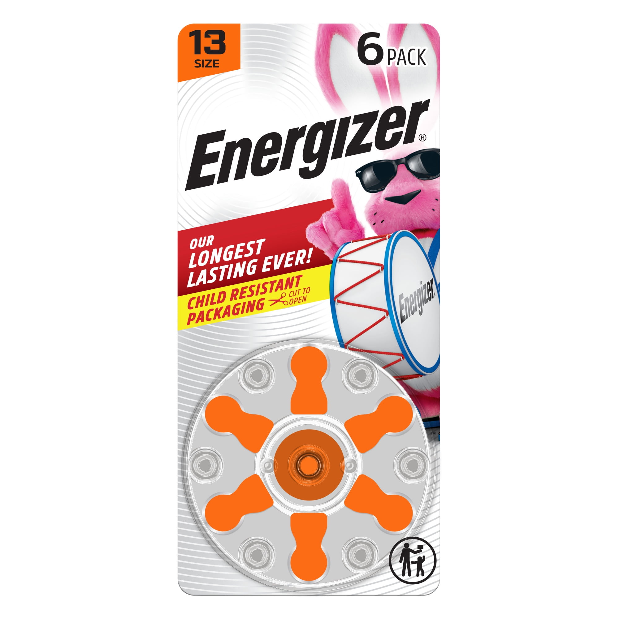 Energizer Hearing Aid Batteries Size 13, Orange Tab, 6 Pack