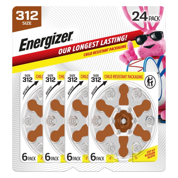 Energizer Hearing Aid Batteries Size 312, Brown Tab, 24 Pack