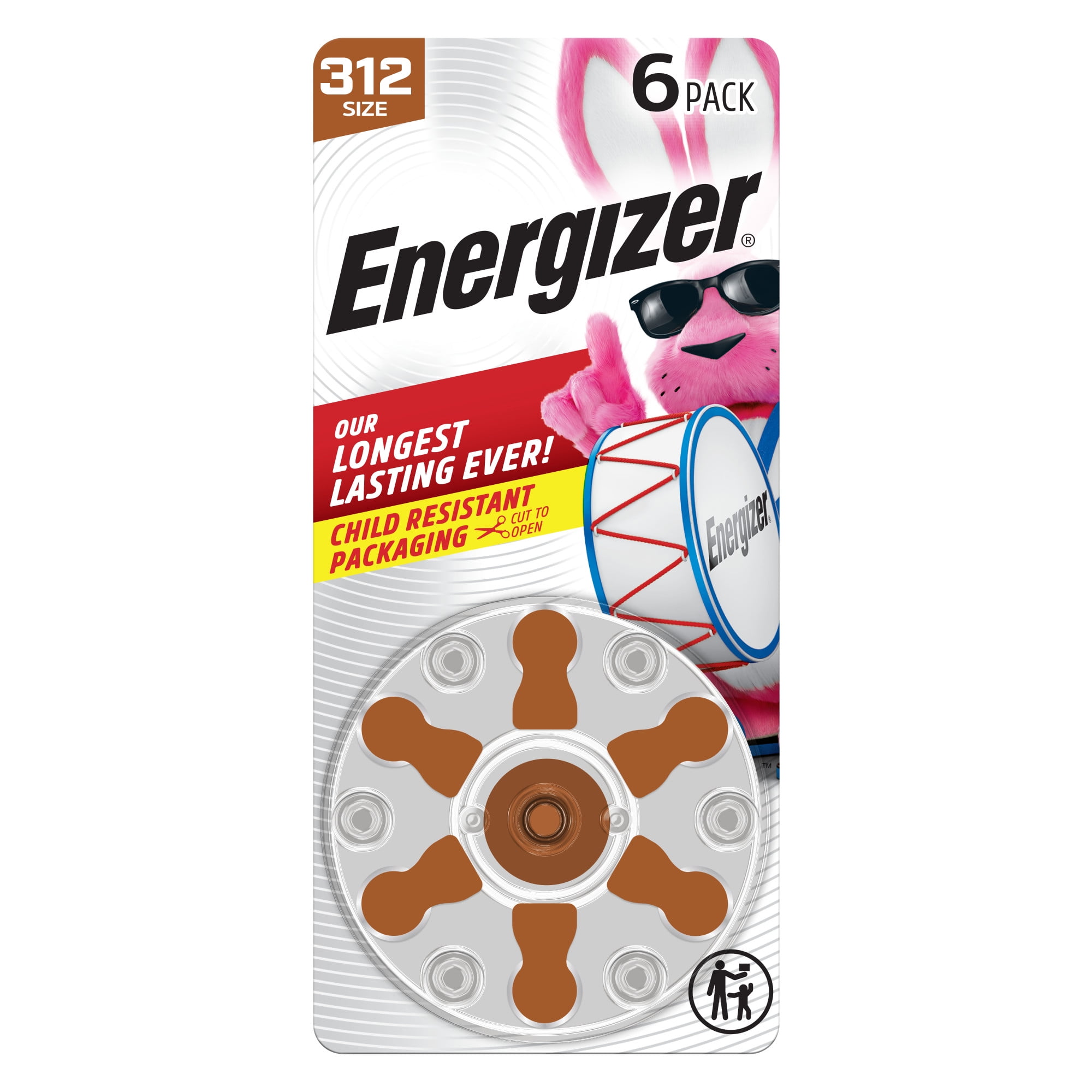 Energizer Hearing Aid Batteries Size 312, Brown Tab, 6 Pack