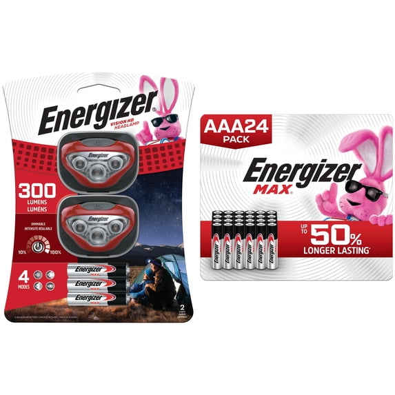 Energizer LED Flashlight and AAA Battery Bundle – Vision HD 300 Lumen Headlamps (2-Pack) plus MAX AAA Batteries (24 Pack) for Camping, Emergency, and Outdoor Use