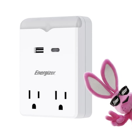 Energizer Multi Plug Wall Outlet Extender with Night Light, 2 AC Outlets, USB-C and USB-A Ports, 2.4A Total Output, Grounded Adapter